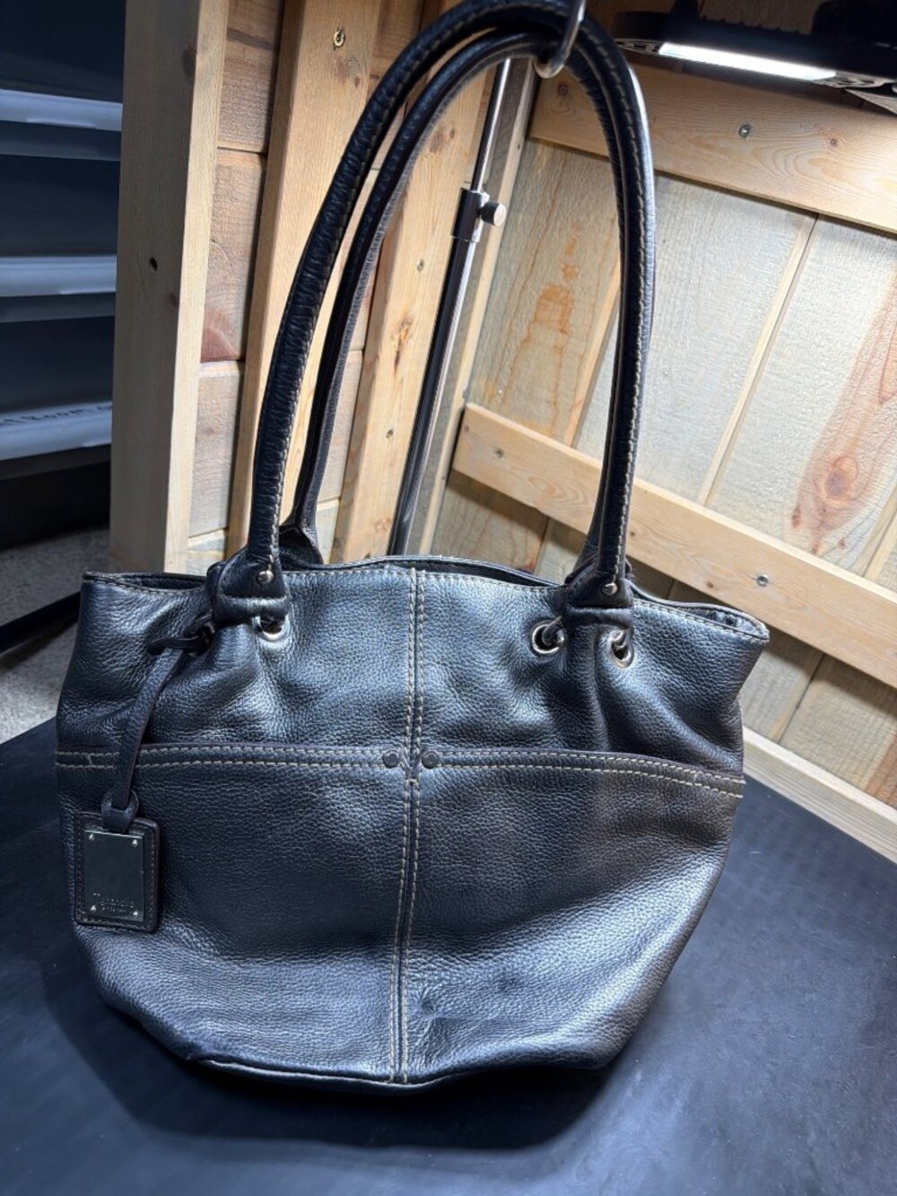 Tignanello Dark Gunmetal Grey Genuine Leather Shoulder Bag Tote Purse Womens